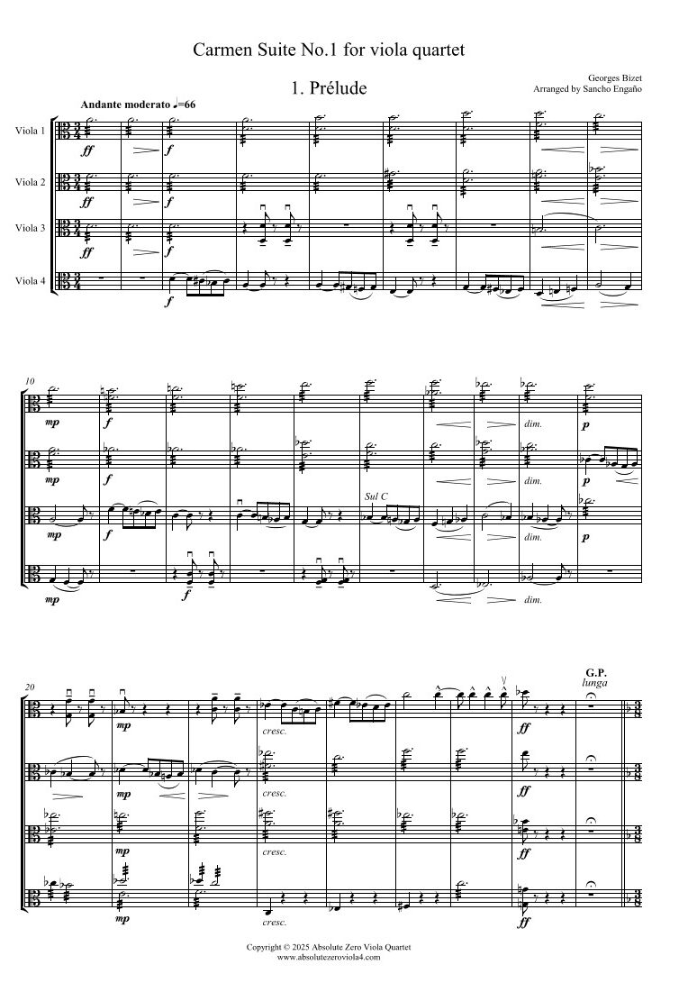 Bizet – Carmen Suite No.1 – Absolute Zero Viola Quartet